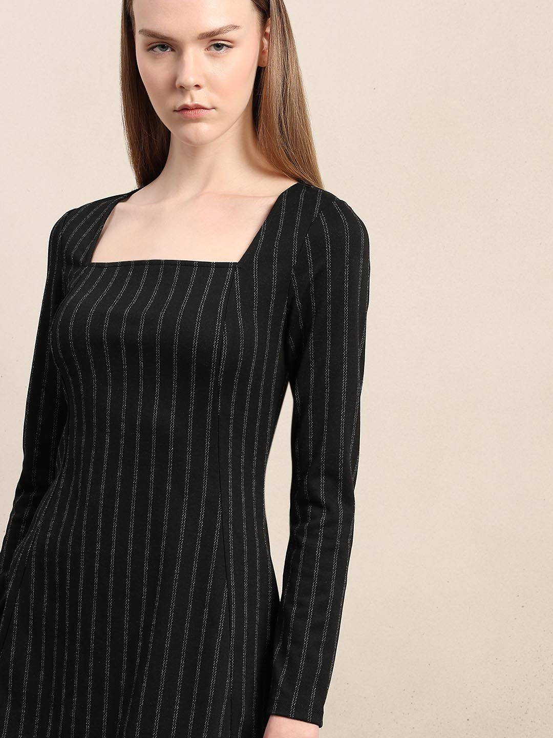 Black Striped Square Neck Dress