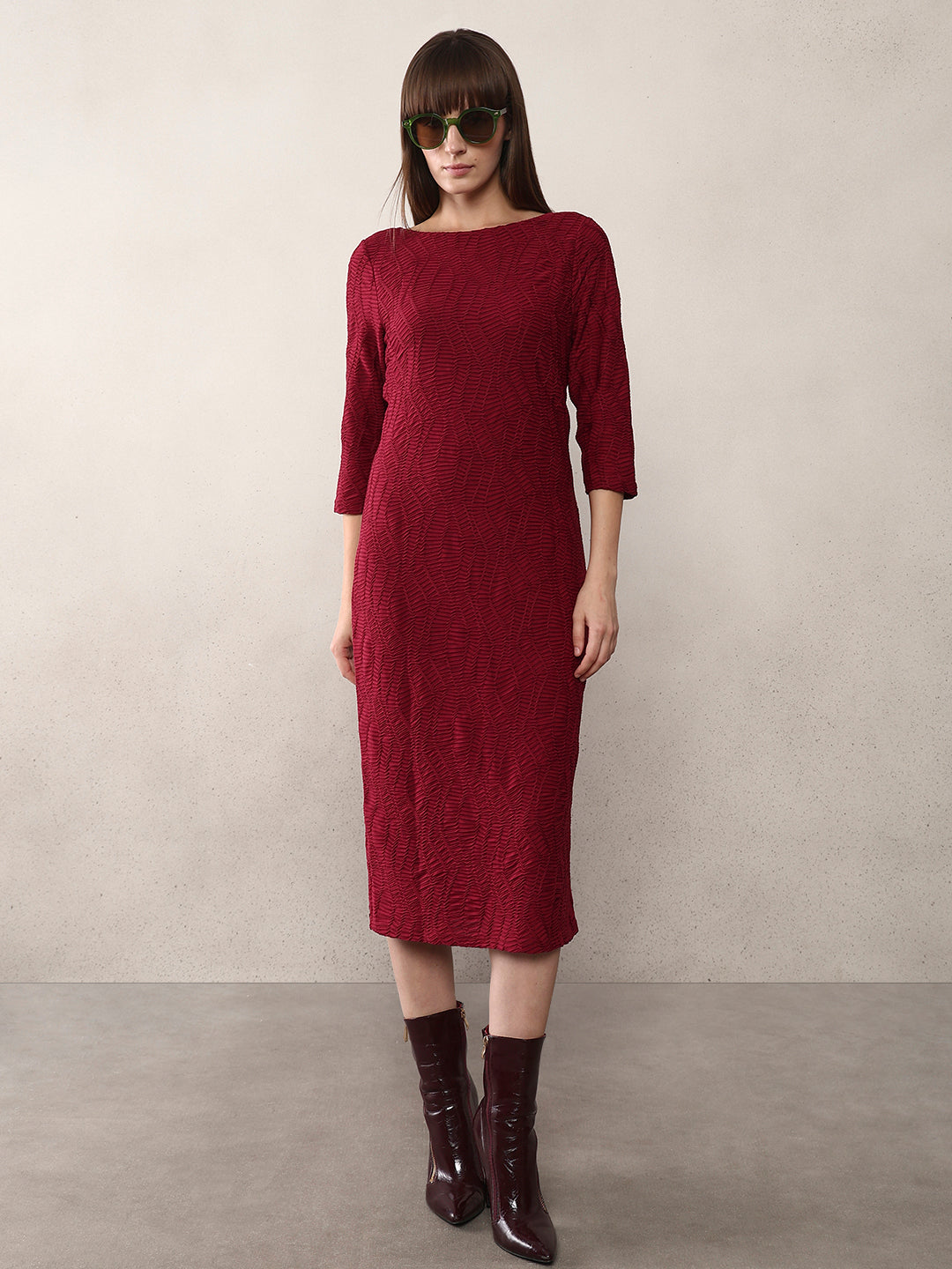 Textured Maroon Midi Dress