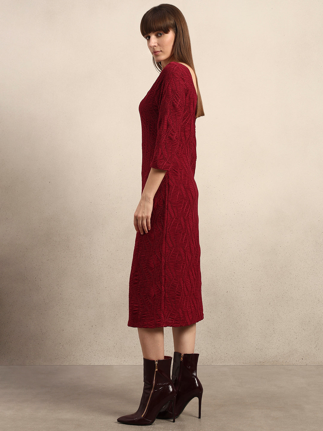 Textured Maroon Midi Dress