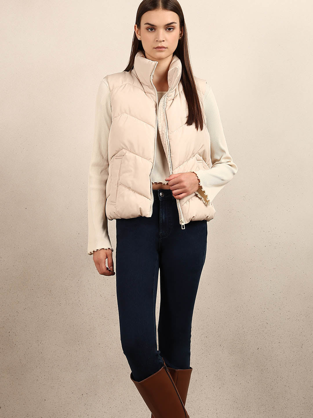 High-Neck Short Puffer Waistcoat - Beige