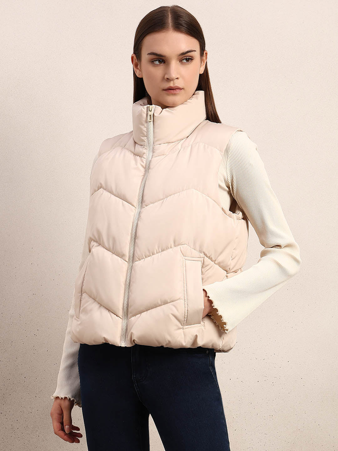 High-Neck Short Puffer Waistcoat - Beige
