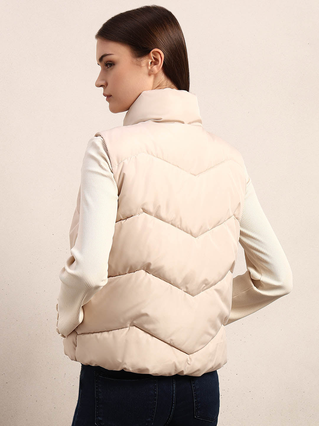 High-Neck Short Puffer Waistcoat - Beige