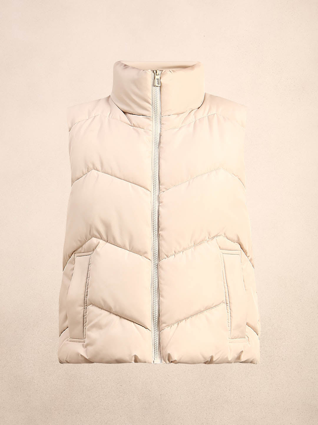 High-Neck Short Puffer Waistcoat - Beige