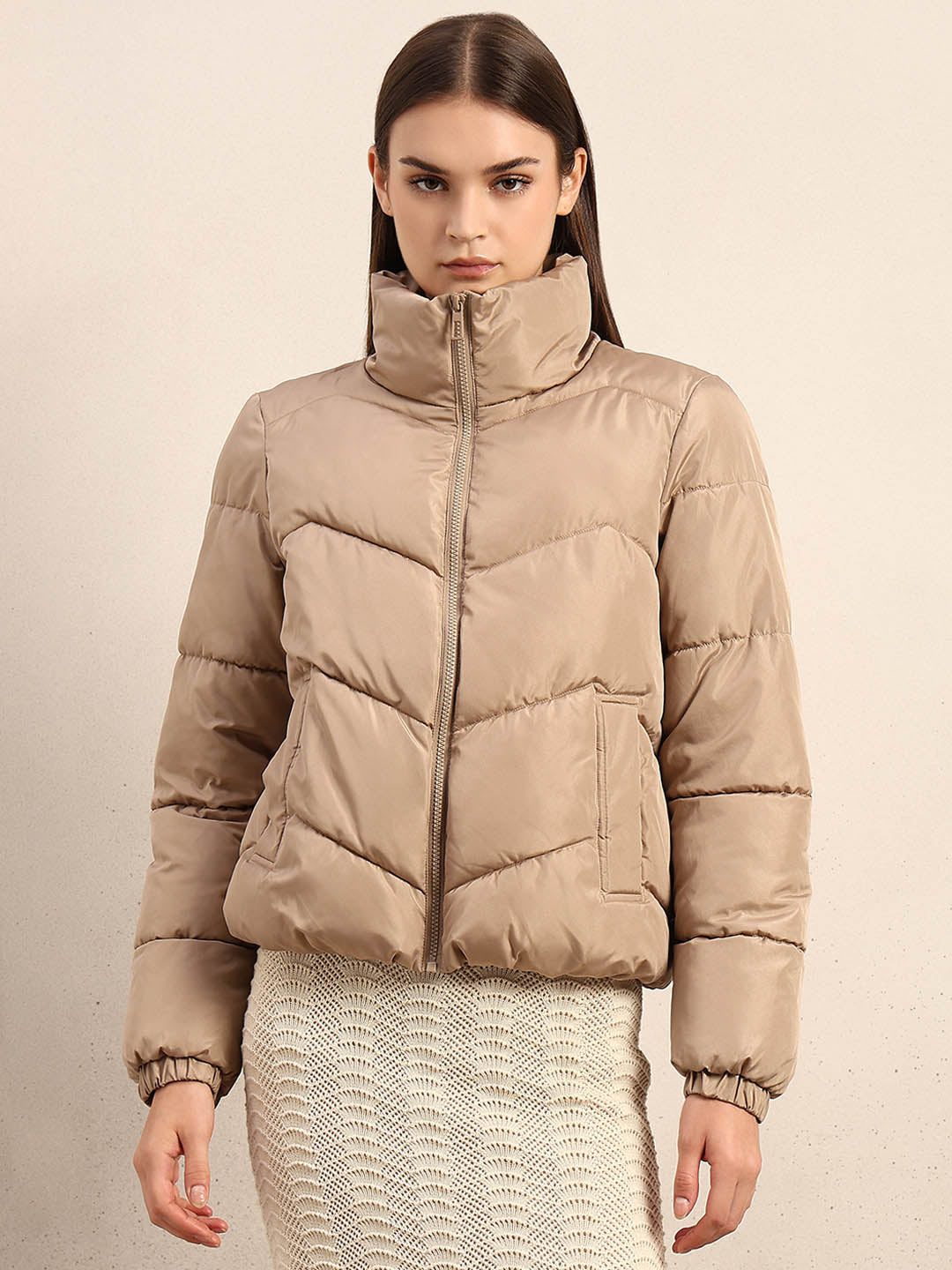 Beige Short Puffer Jacket