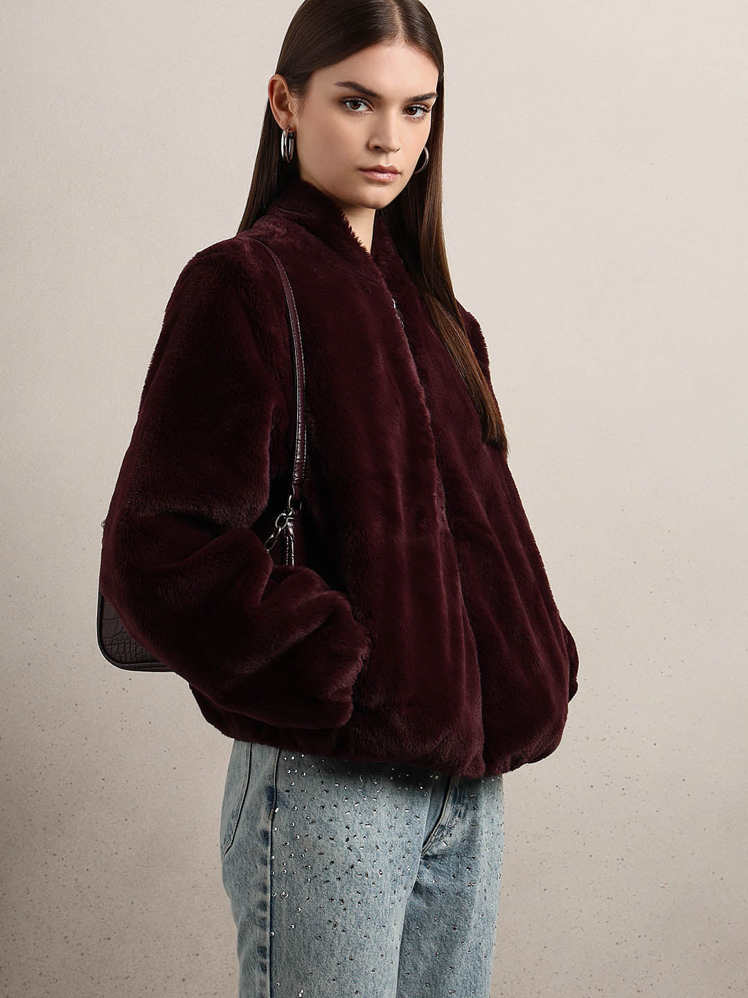Maroon Faux Fur Short Jacket