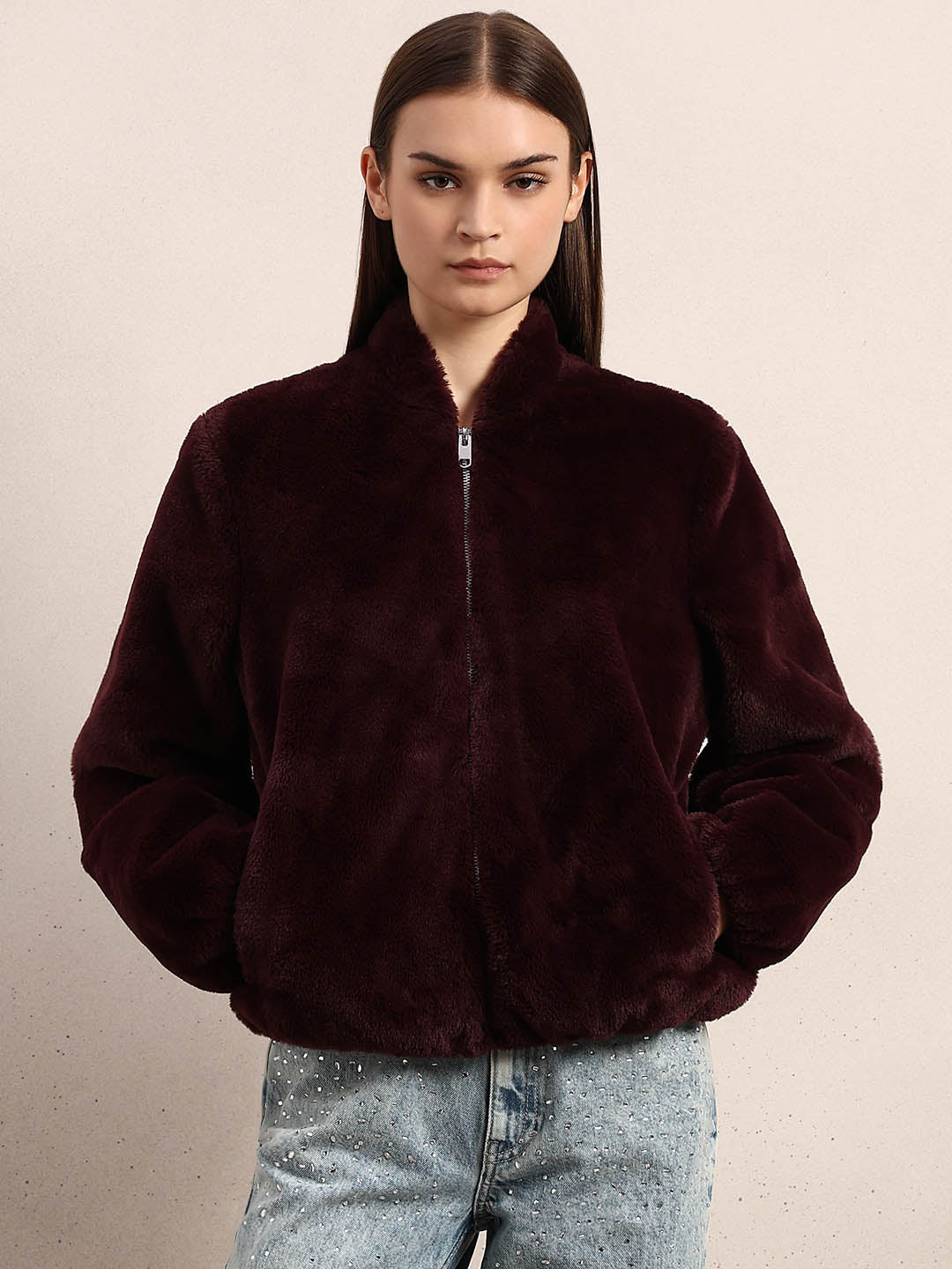 Maroon Faux Fur Short Jacket