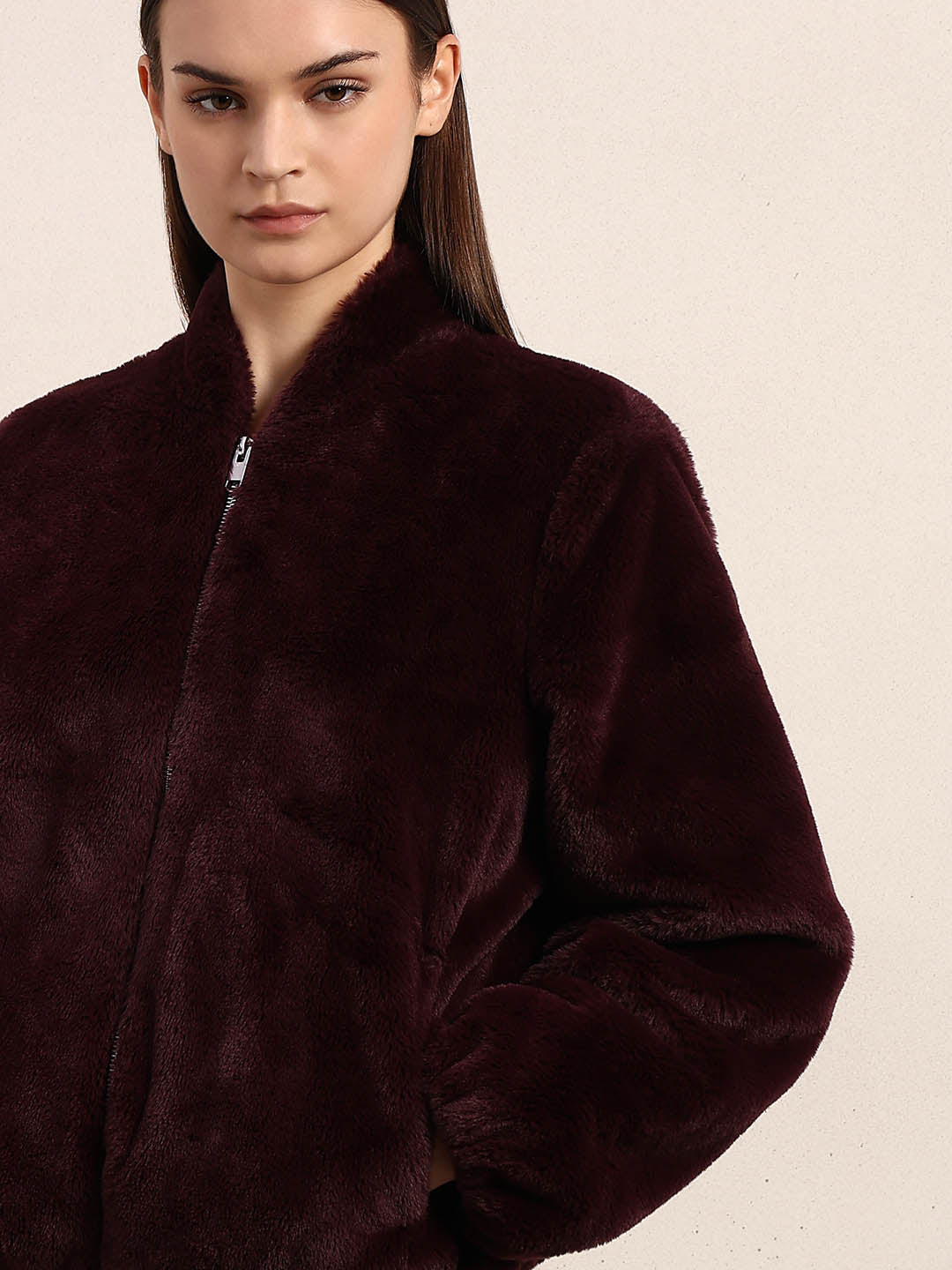Maroon Faux Fur Short Jacket