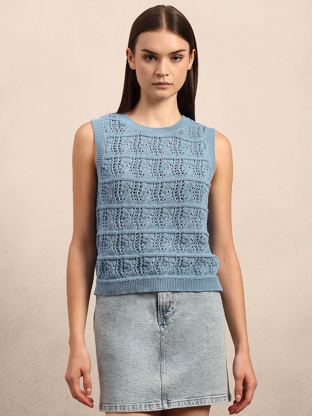 O-Neck Knitted Sleeveless Pullover - Blue