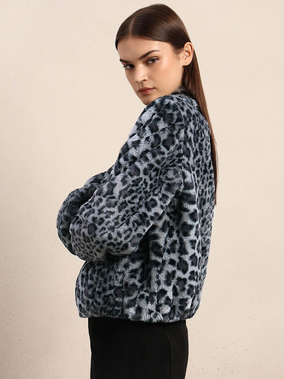 Leopard Print Fleece Jacket - Grey