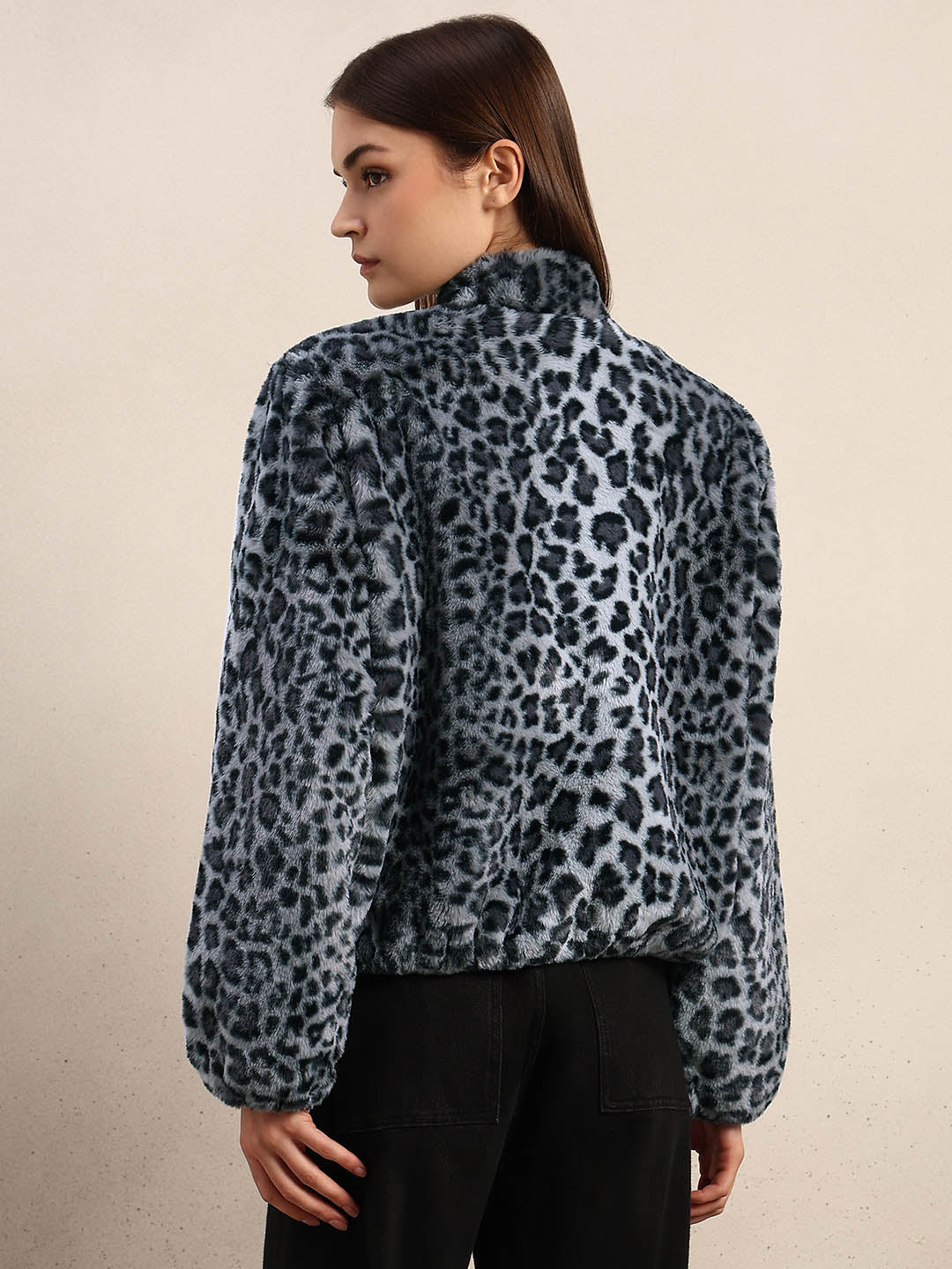Leopard Print Fleece Jacket - Grey