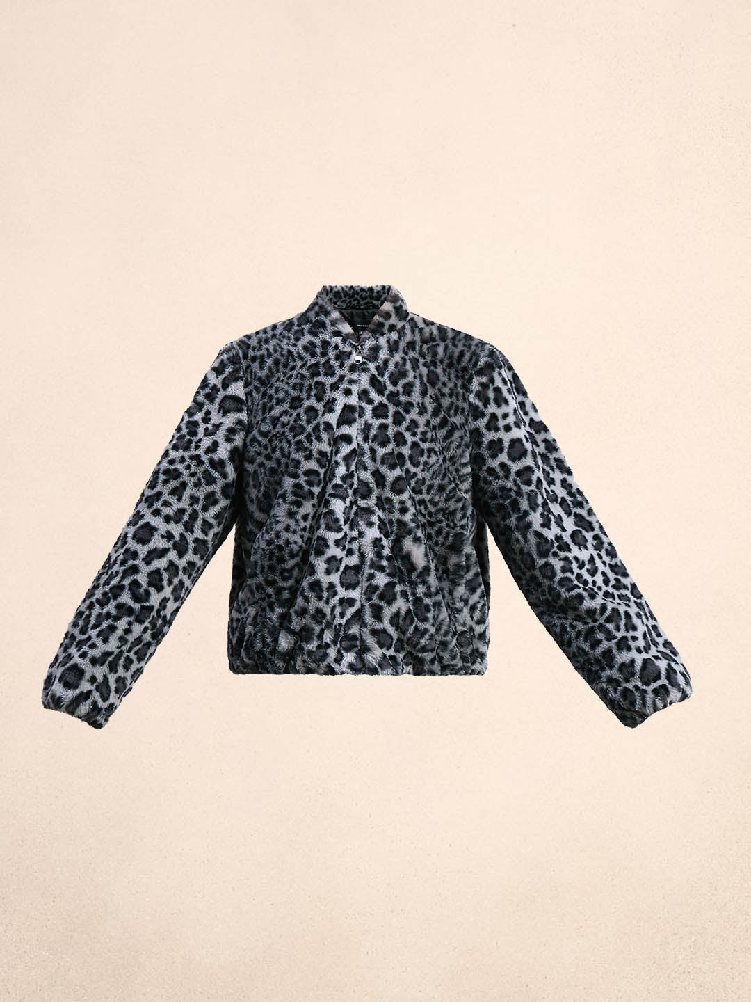 Leopard Print Fleece Jacket - Grey