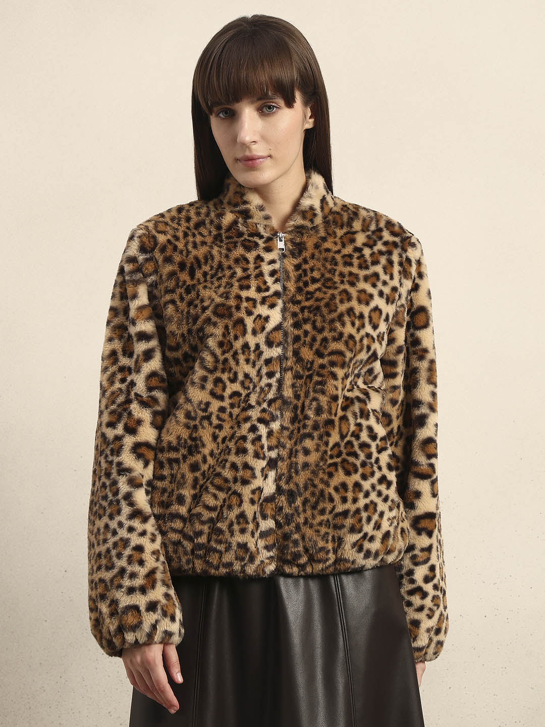 Leopard Print Fleece Jacket - Brown