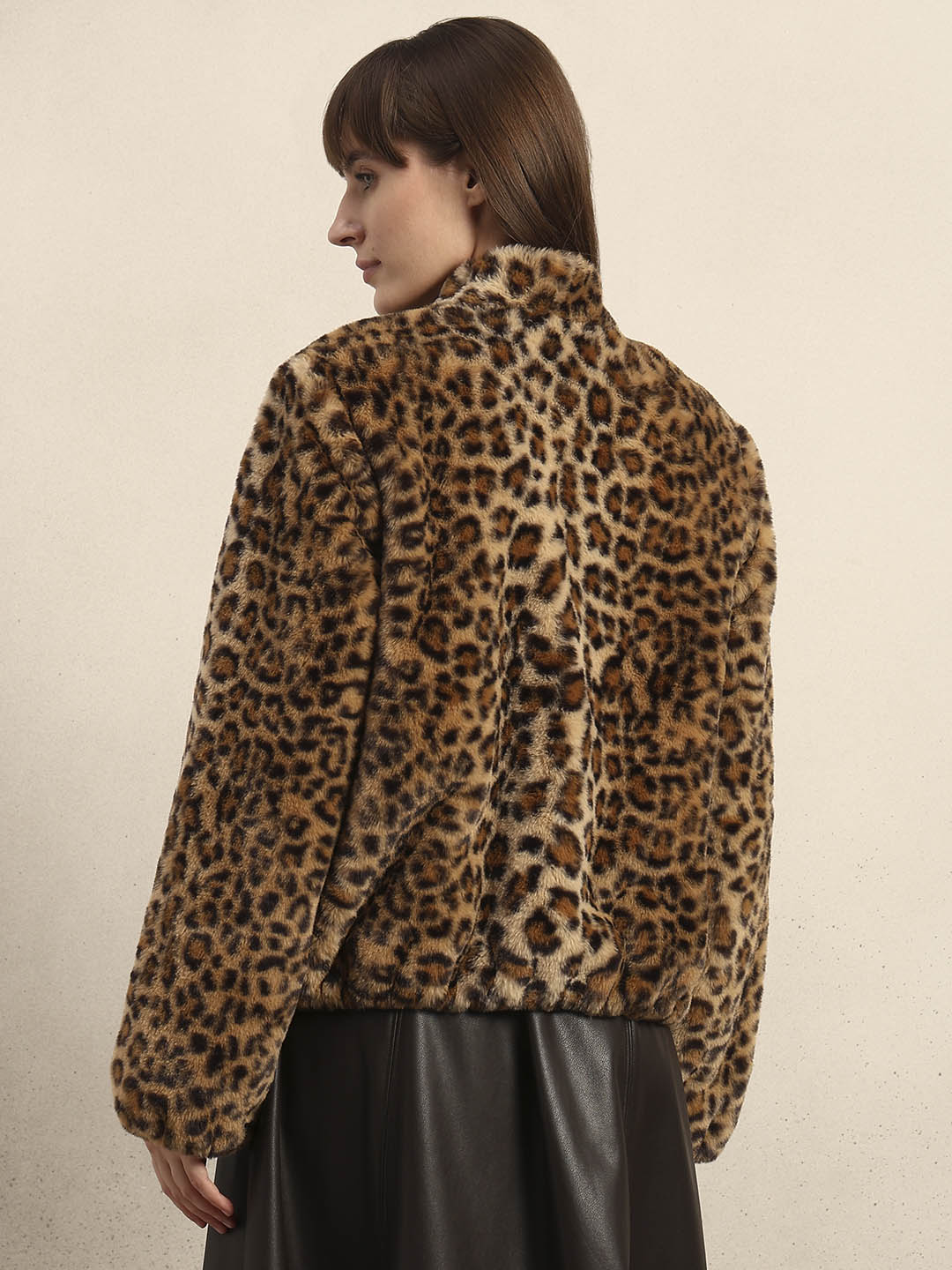 Leopard Print Fleece Jacket - Brown