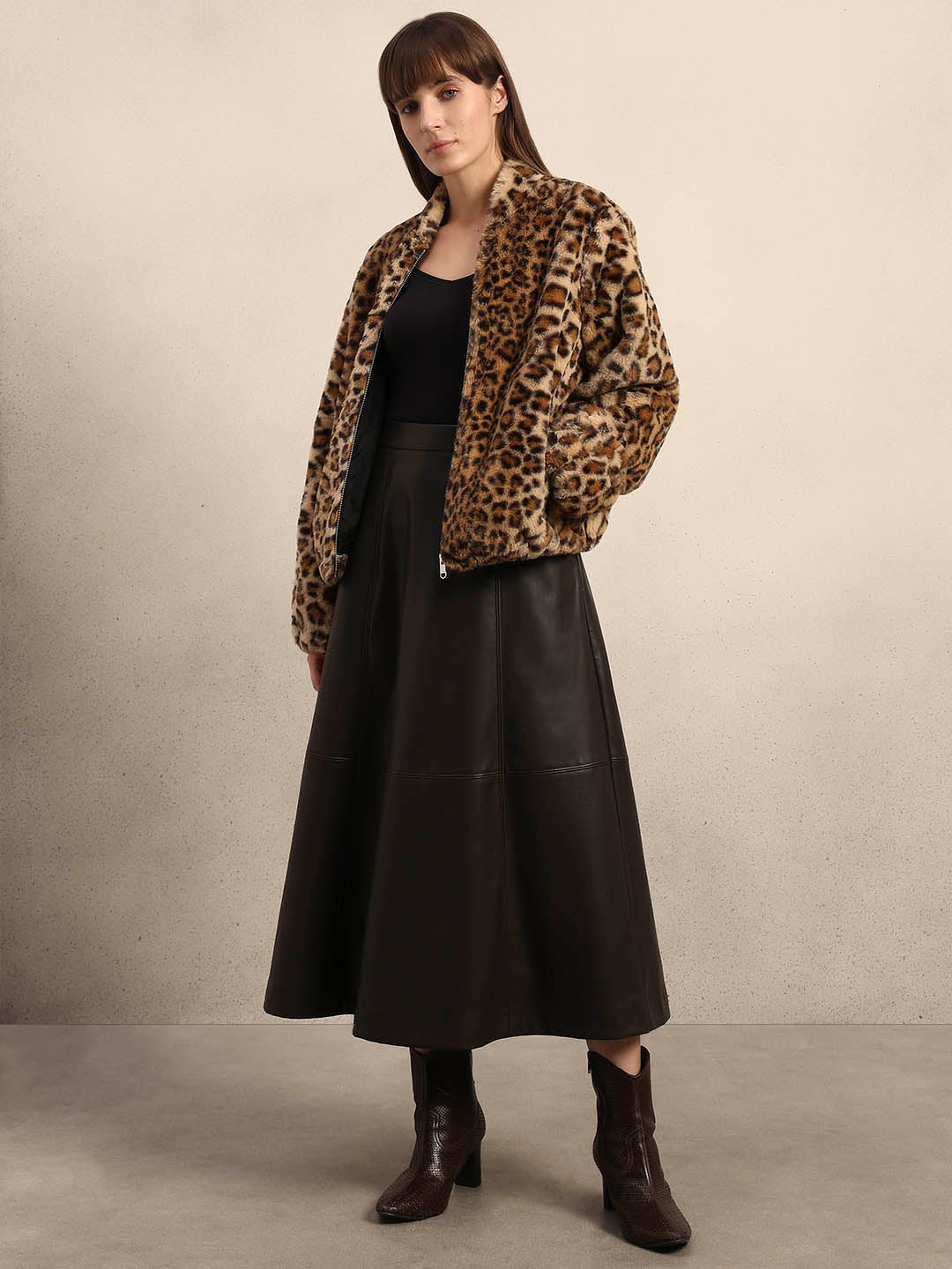Leopard Print Fleece Jacket - Brown