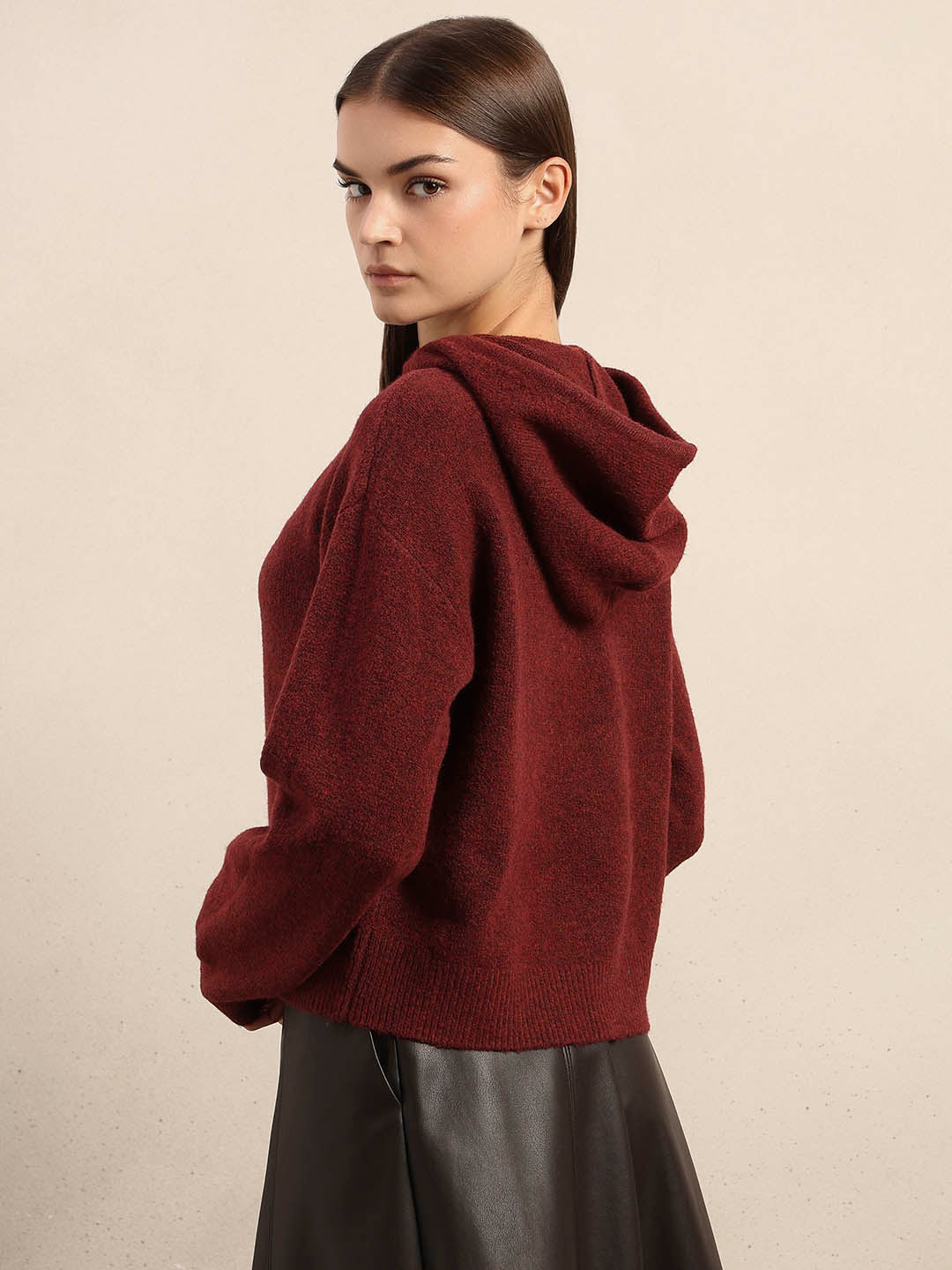 Red Knitted Hooded Pullover