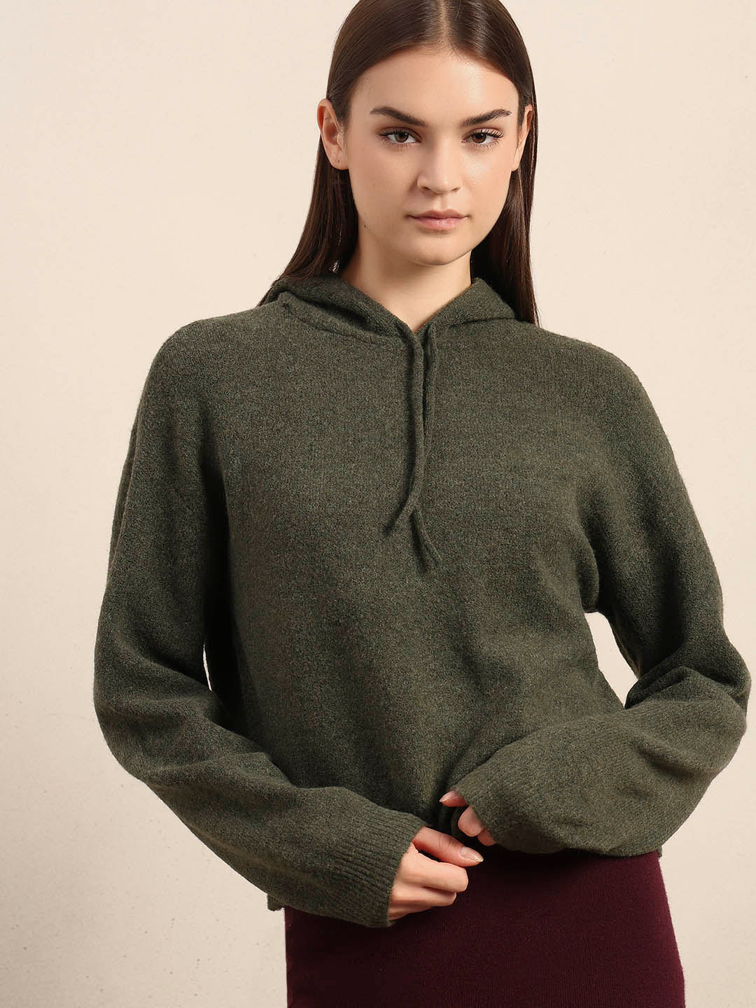 Olive Green Knitted Hooded Pullover