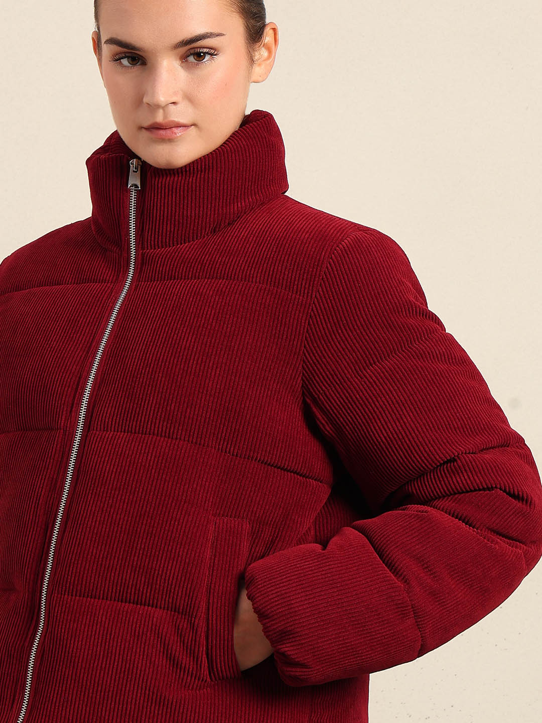 Burgundy Corduroy Puffer Jacket