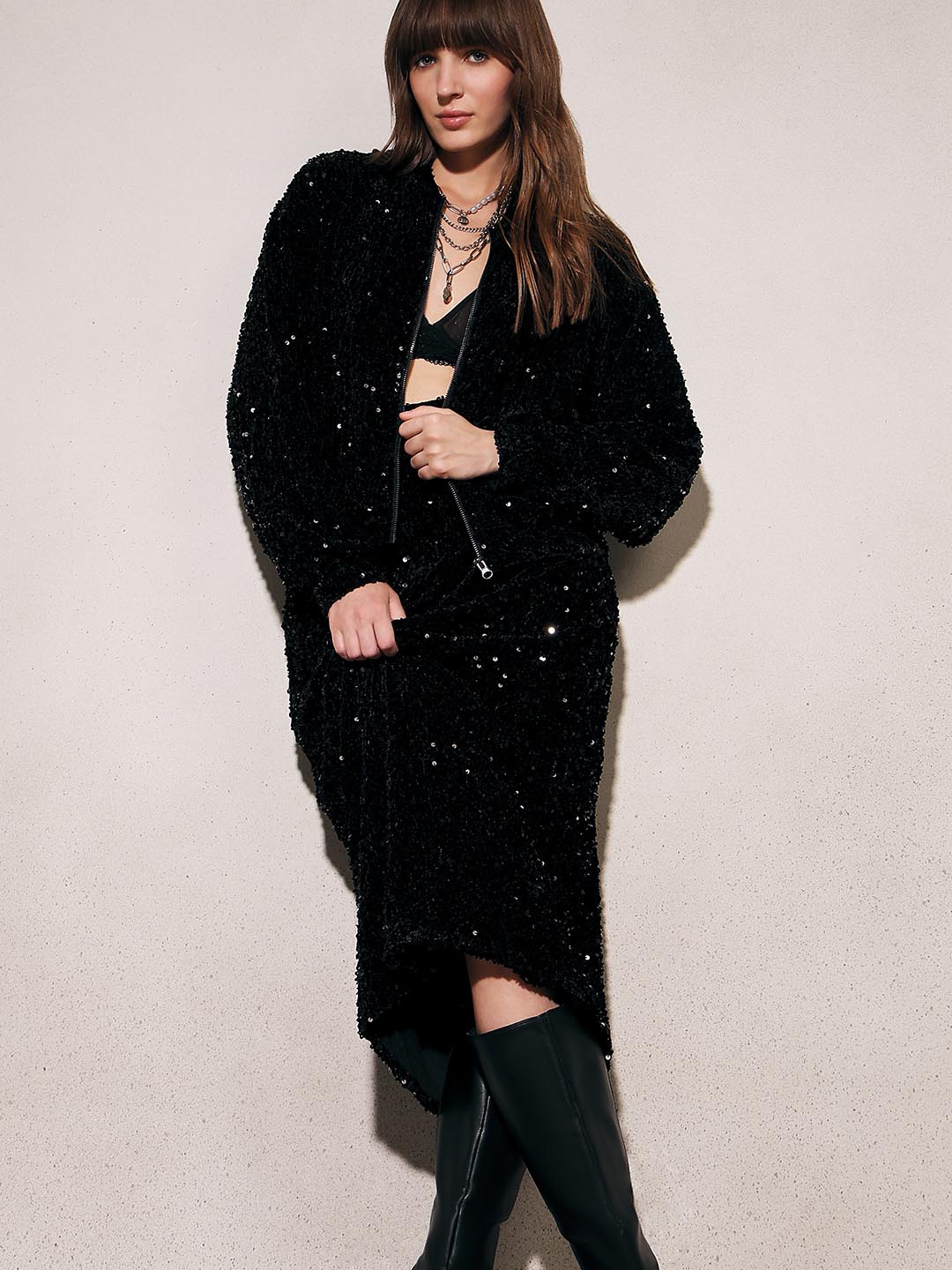 Black Sequined Zipped Jacket