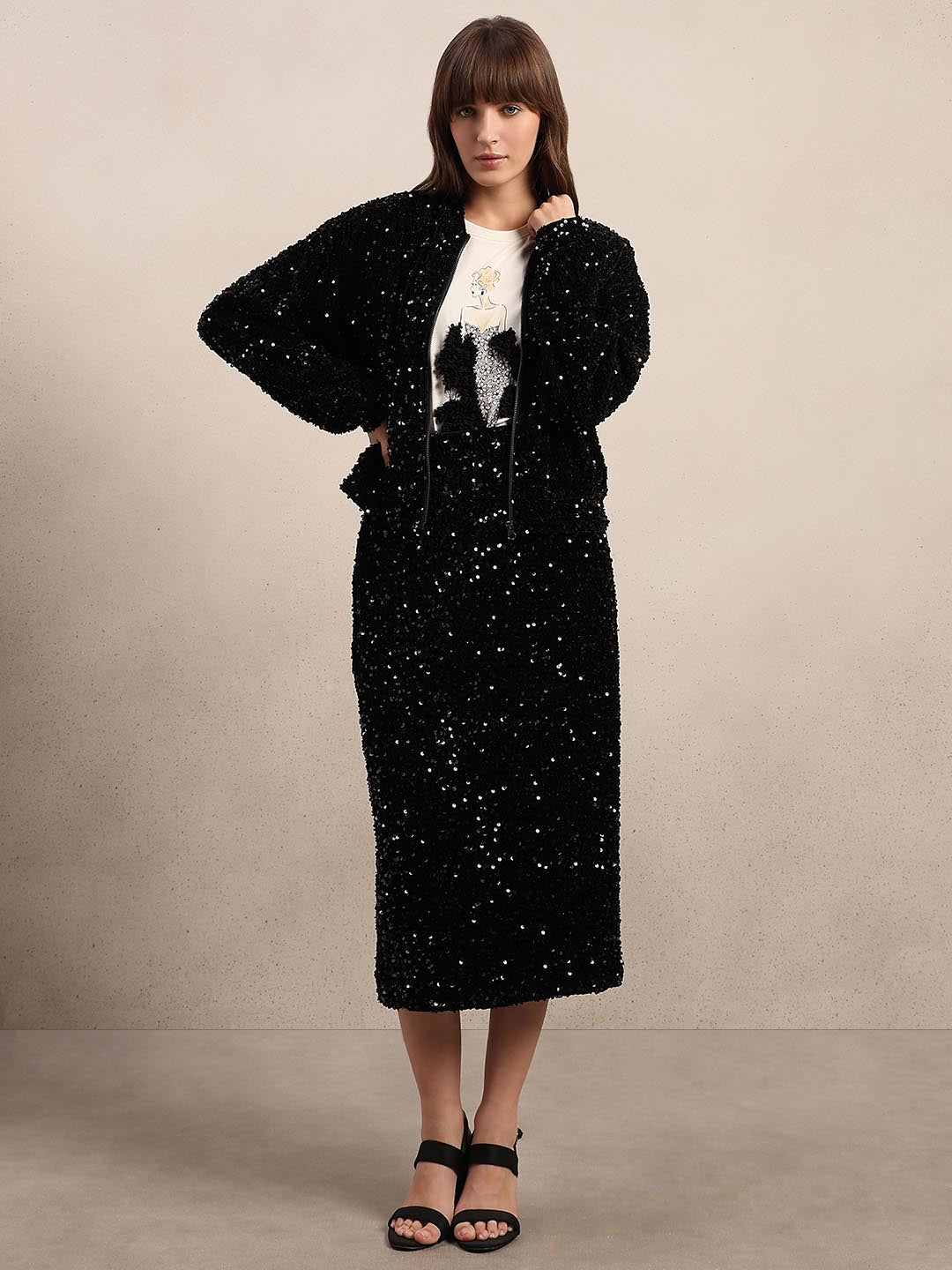 Black Sequined Zipped Jacket