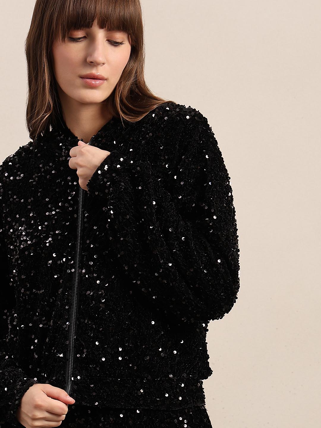 Black Sequined Zipped Jacket