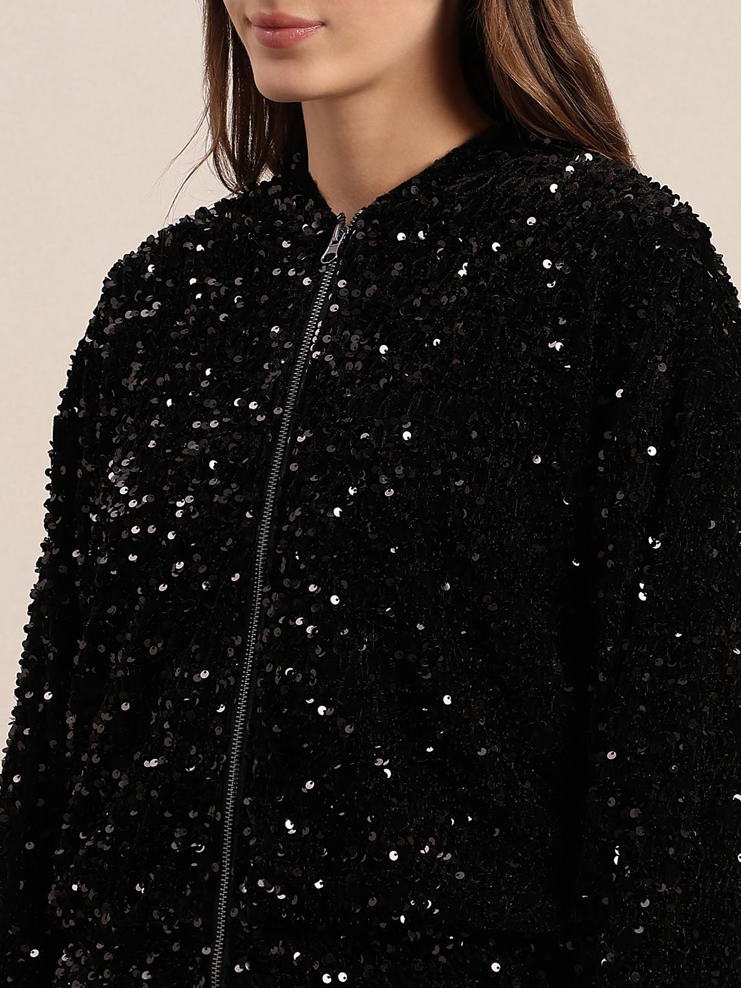 Black Sequined Zipped Jacket