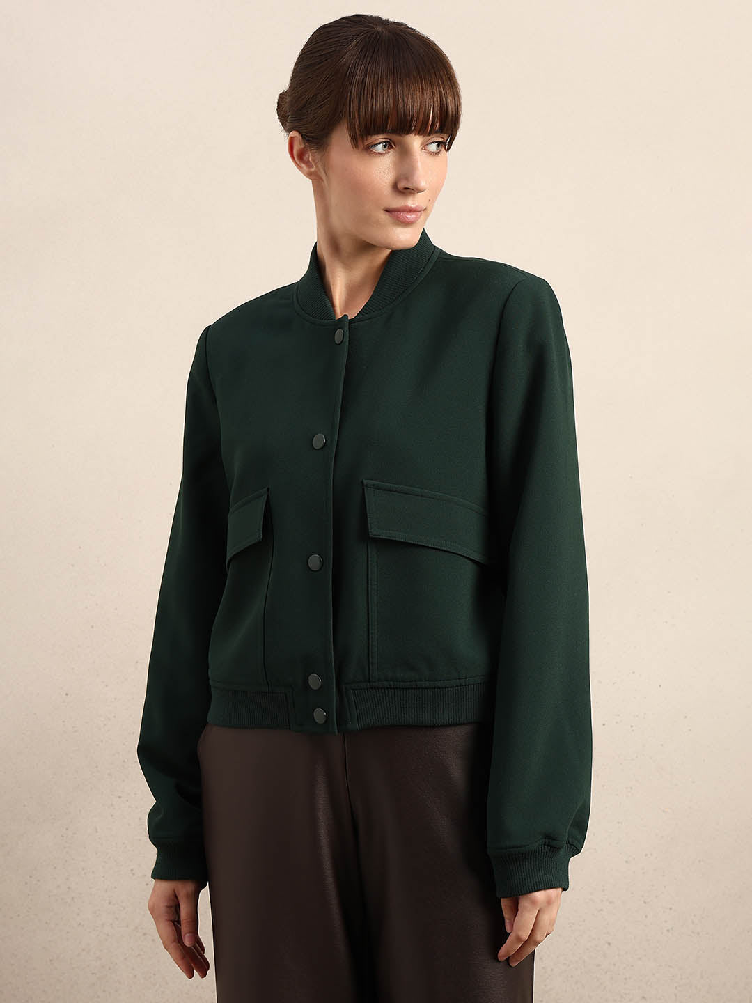 Dark Green Buttoned Bomber Jacket