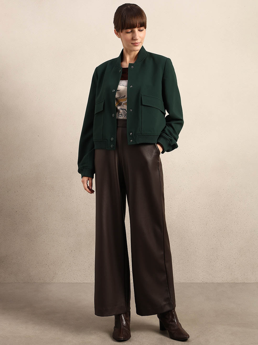 Dark Green Buttoned Bomber Jacket