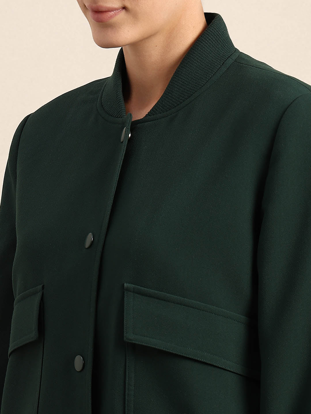 Dark Green Buttoned Bomber Jacket