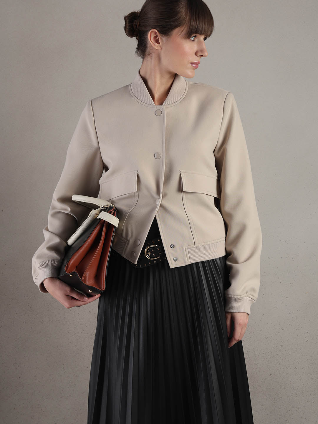 Beige Buttoned Bomber Jacket