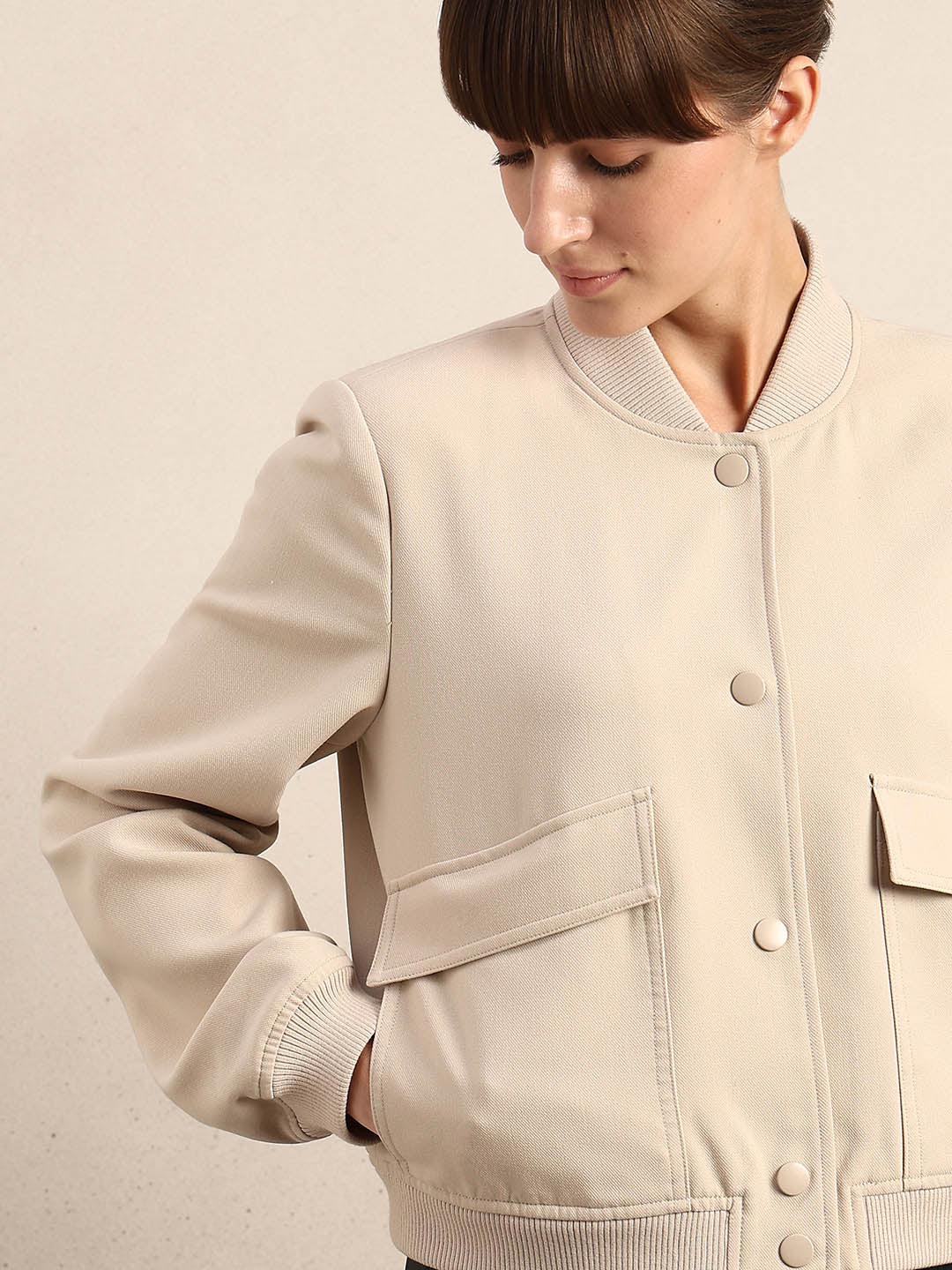 Beige Buttoned Bomber Jacket