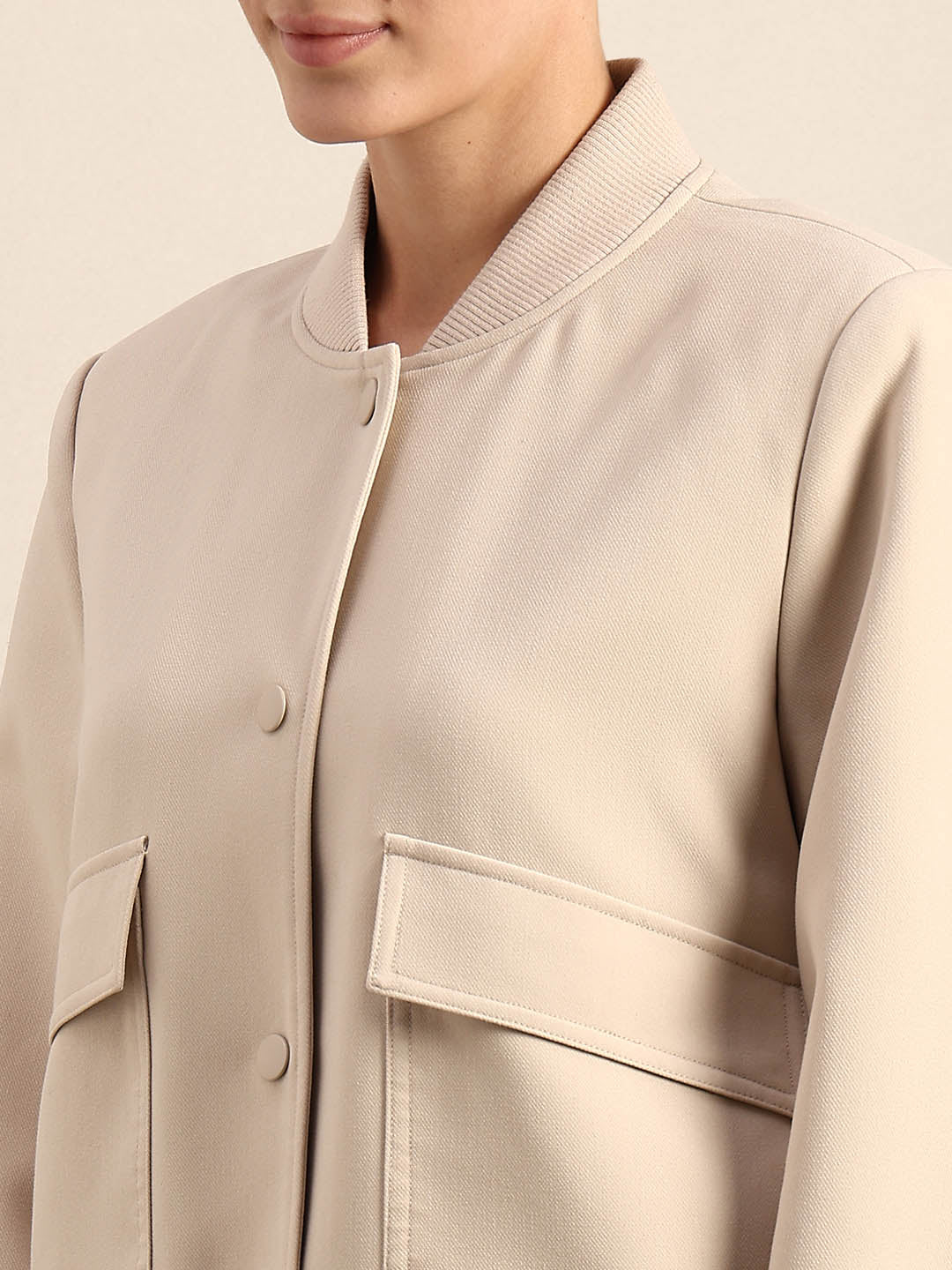 Beige Buttoned Bomber Jacket