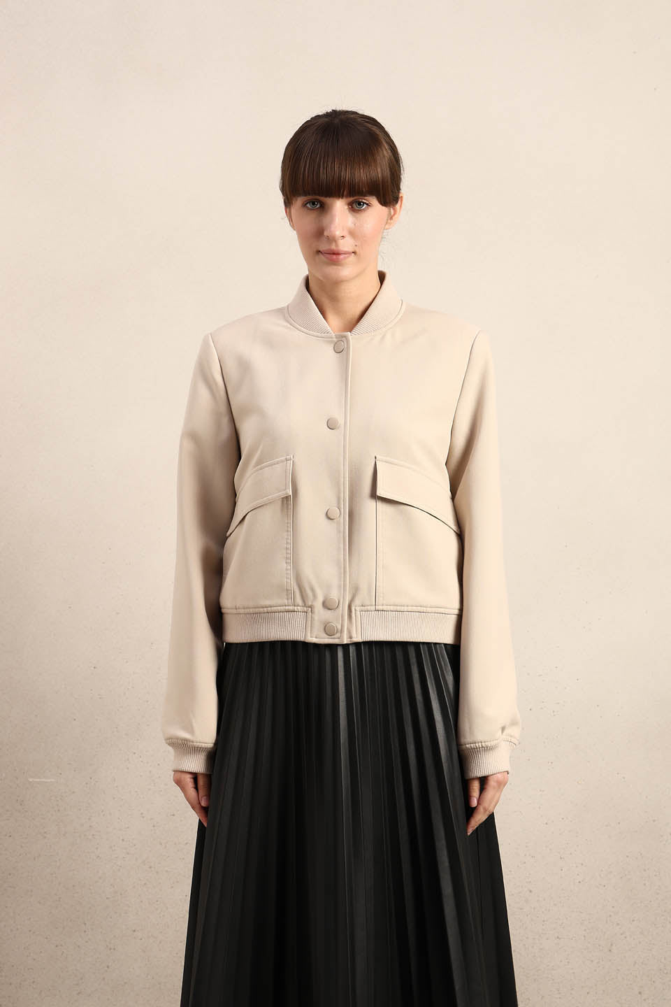 Beige Buttoned Bomber Jacket