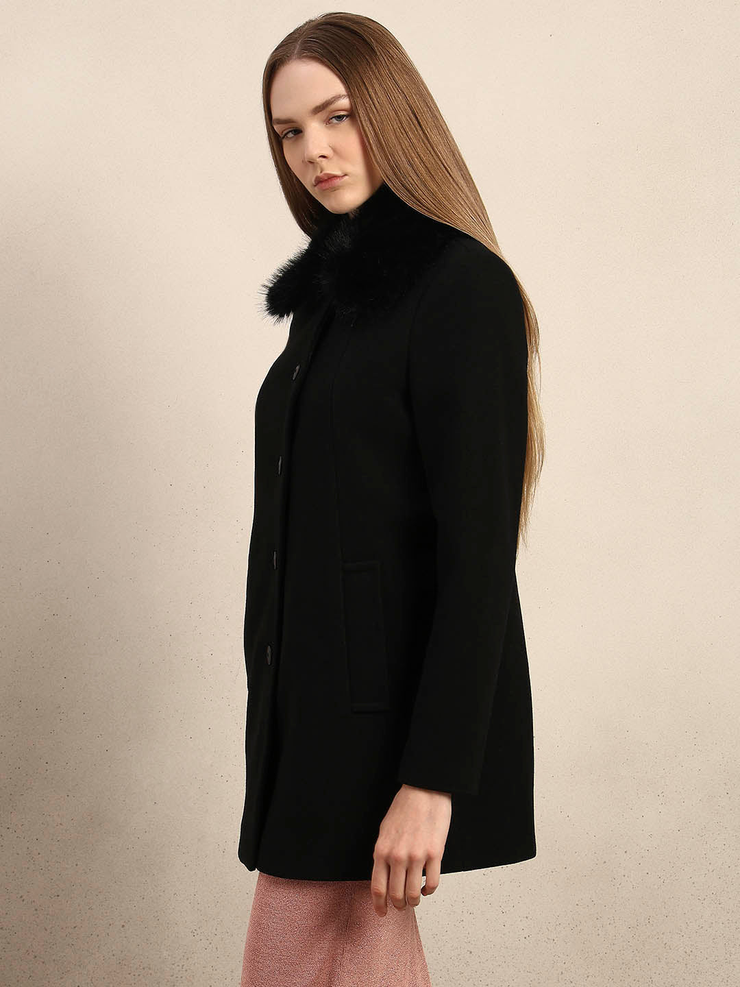Black Faux Fur Collar Coat