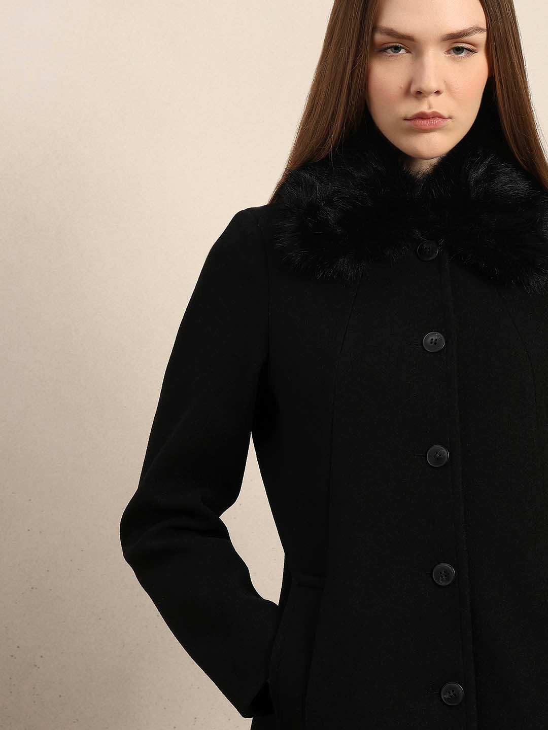 Black Faux Fur Collar Coat