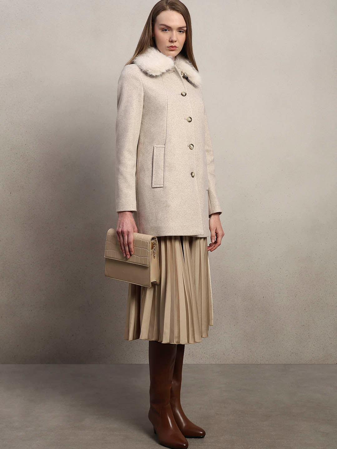 Beige Faux Fur Collar Coat