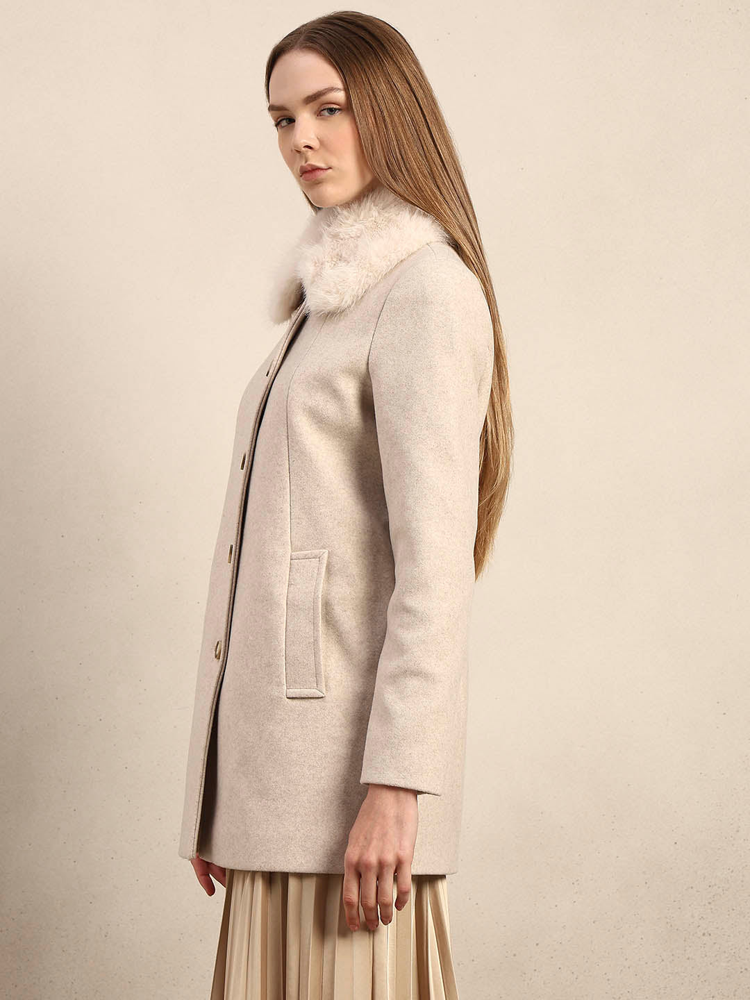 Beige Faux Fur Collar Coat