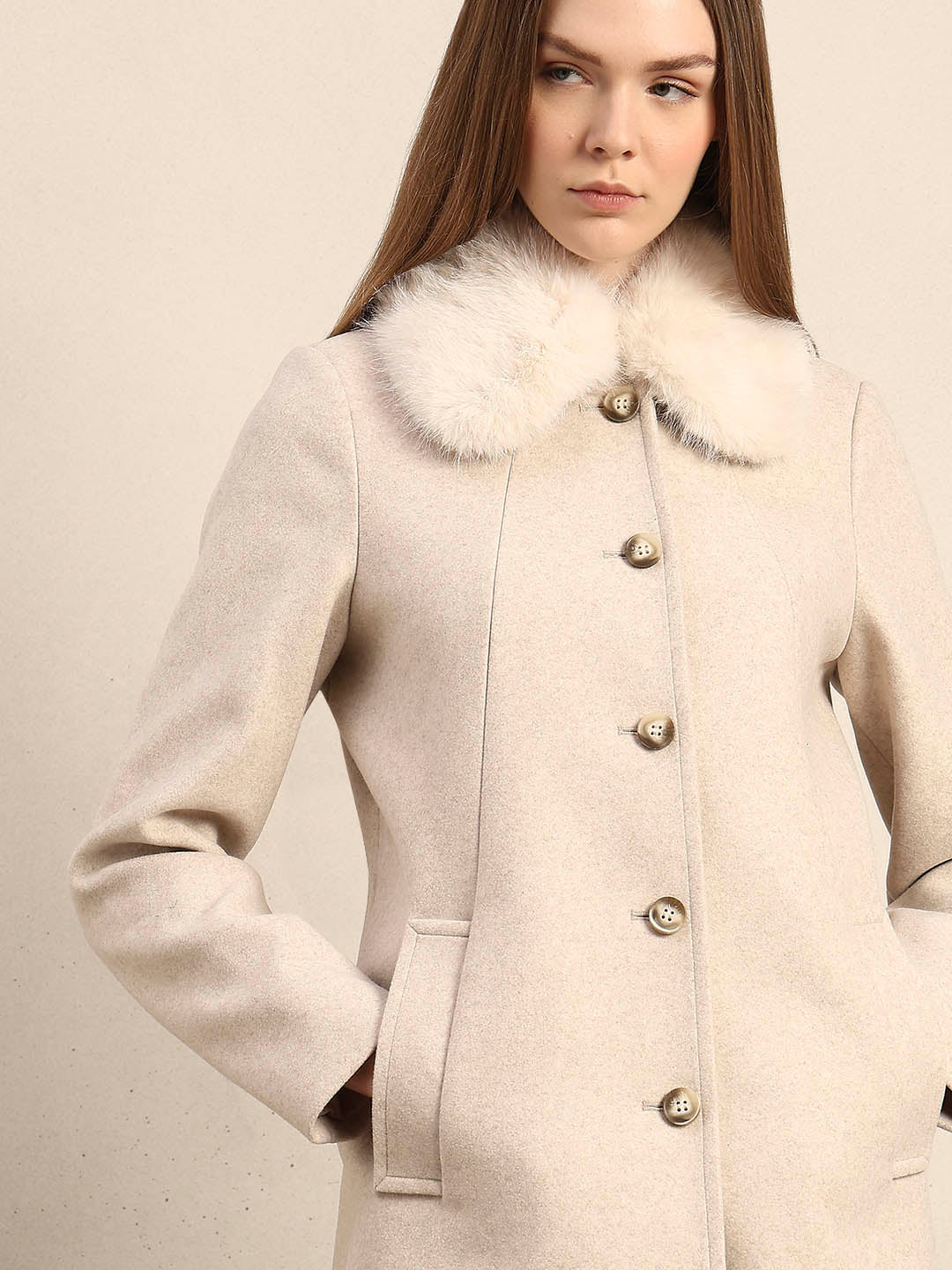 Beige Faux Fur Collar Coat