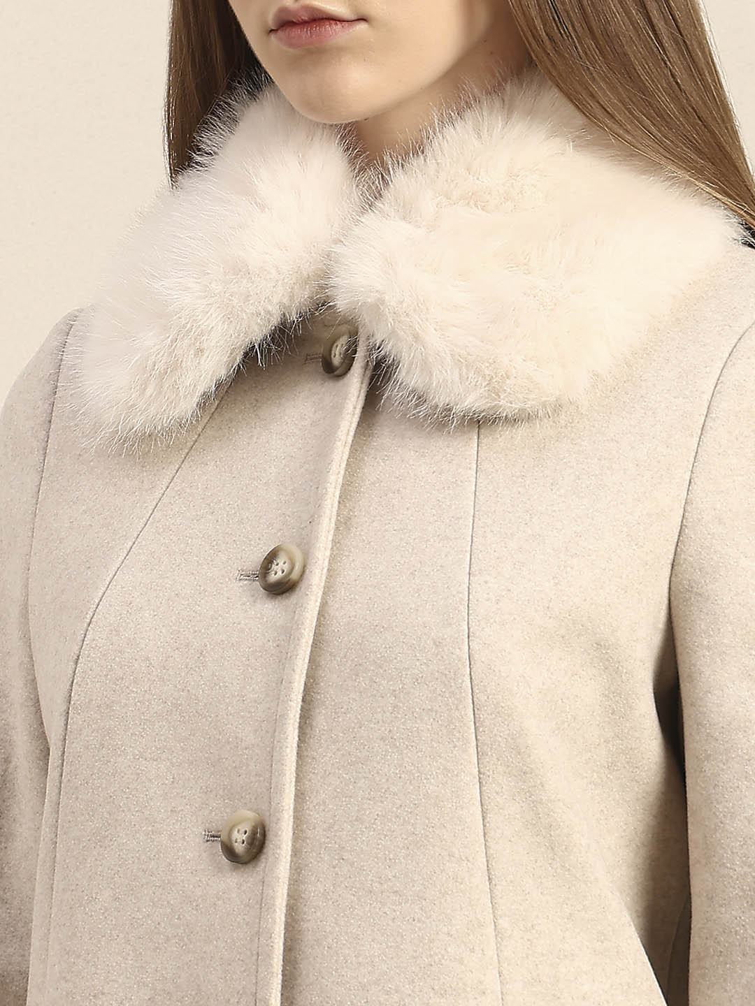 Beige Faux Fur Collar Coat
