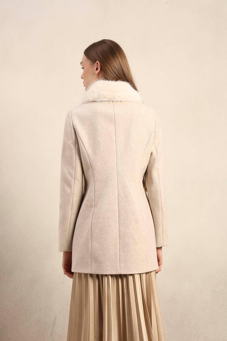 Beige Faux Fur Collar Coat