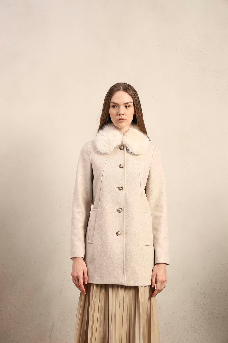 Beige Faux Fur Collar Coat