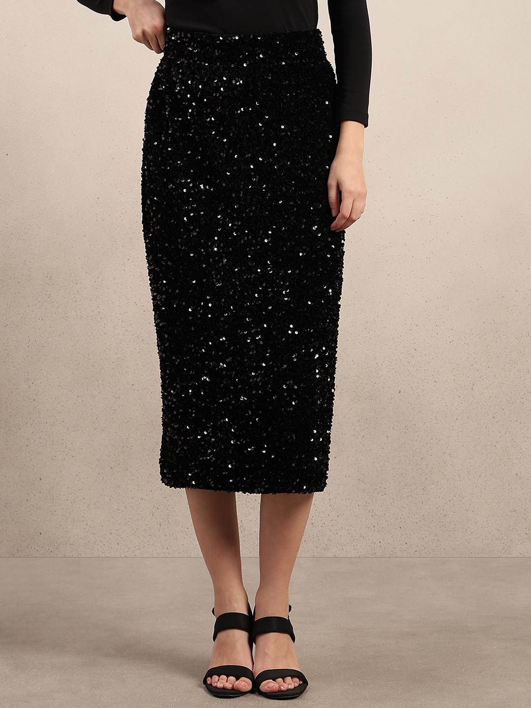 Black Embellished Midi Skirt
