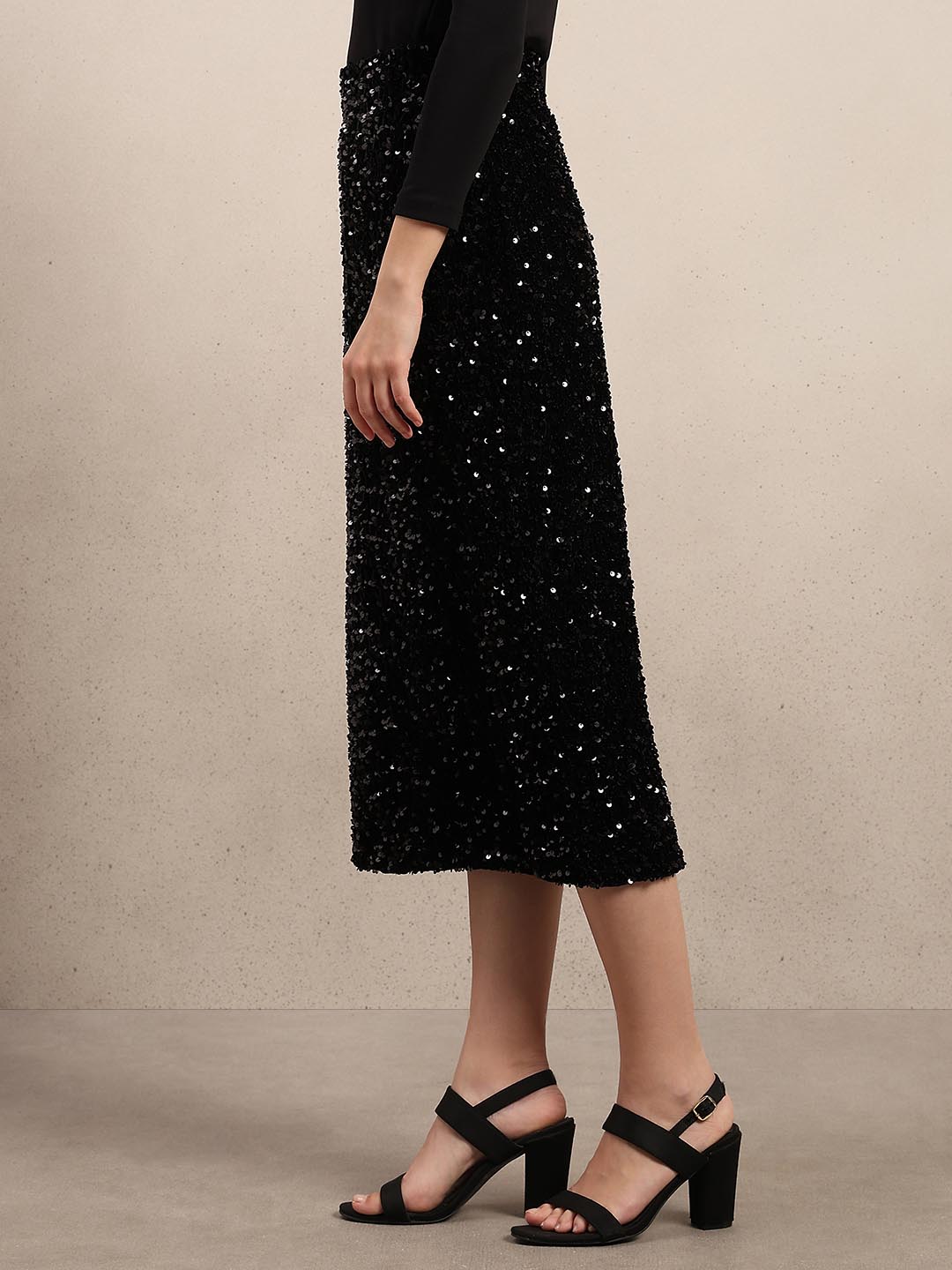 Black Embellished Midi Skirt