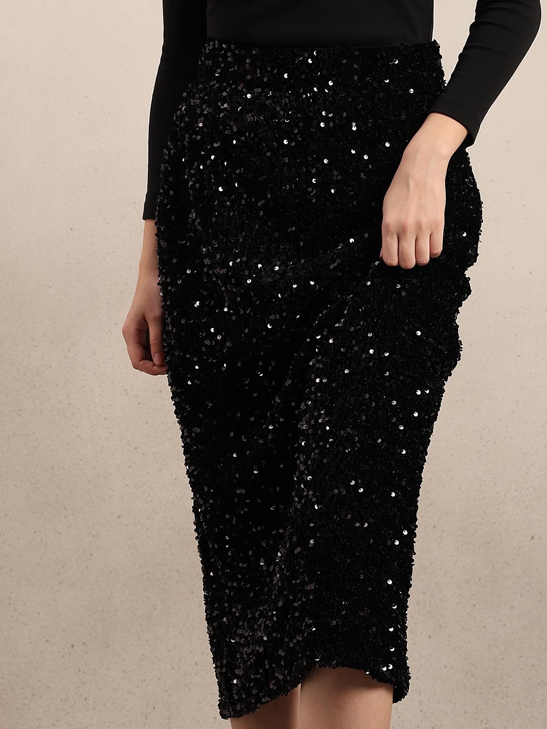 Black Embellished Midi Skirt