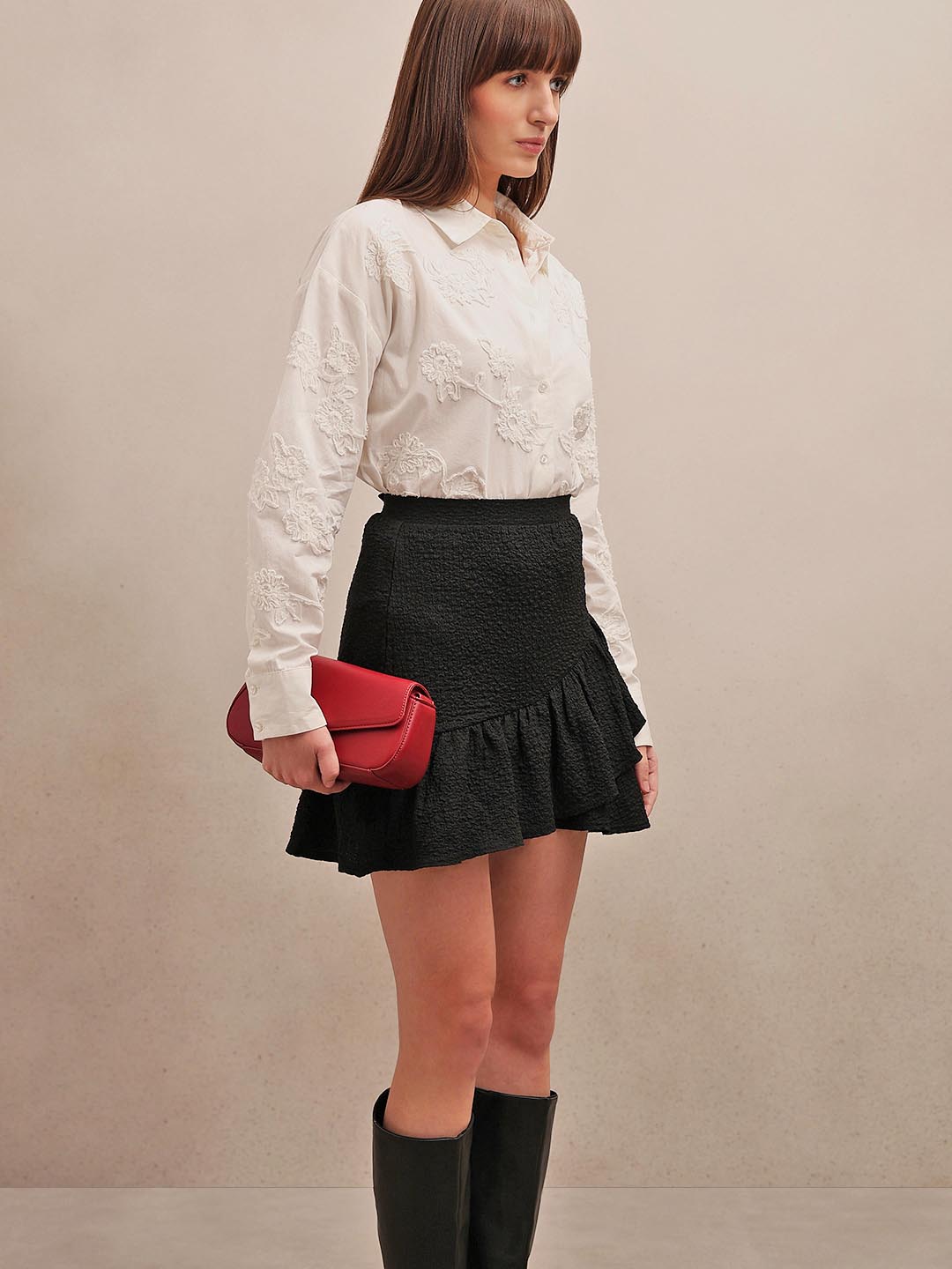 Black Ruffle Detail Mini Skirt