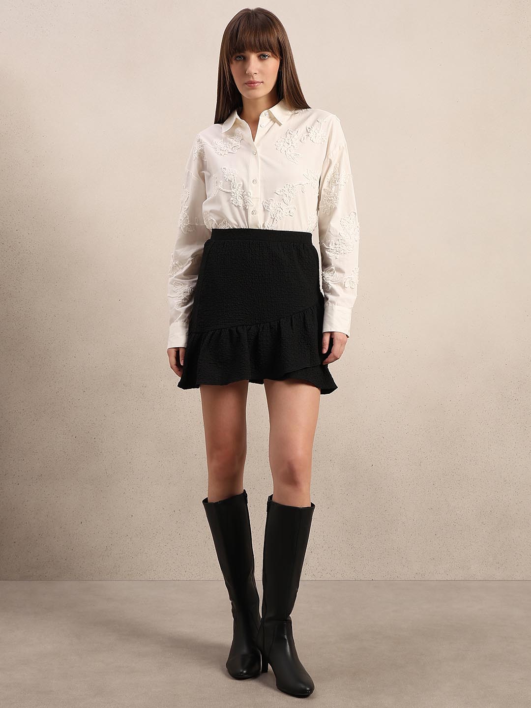 Black Ruffle Detail Mini Skirt