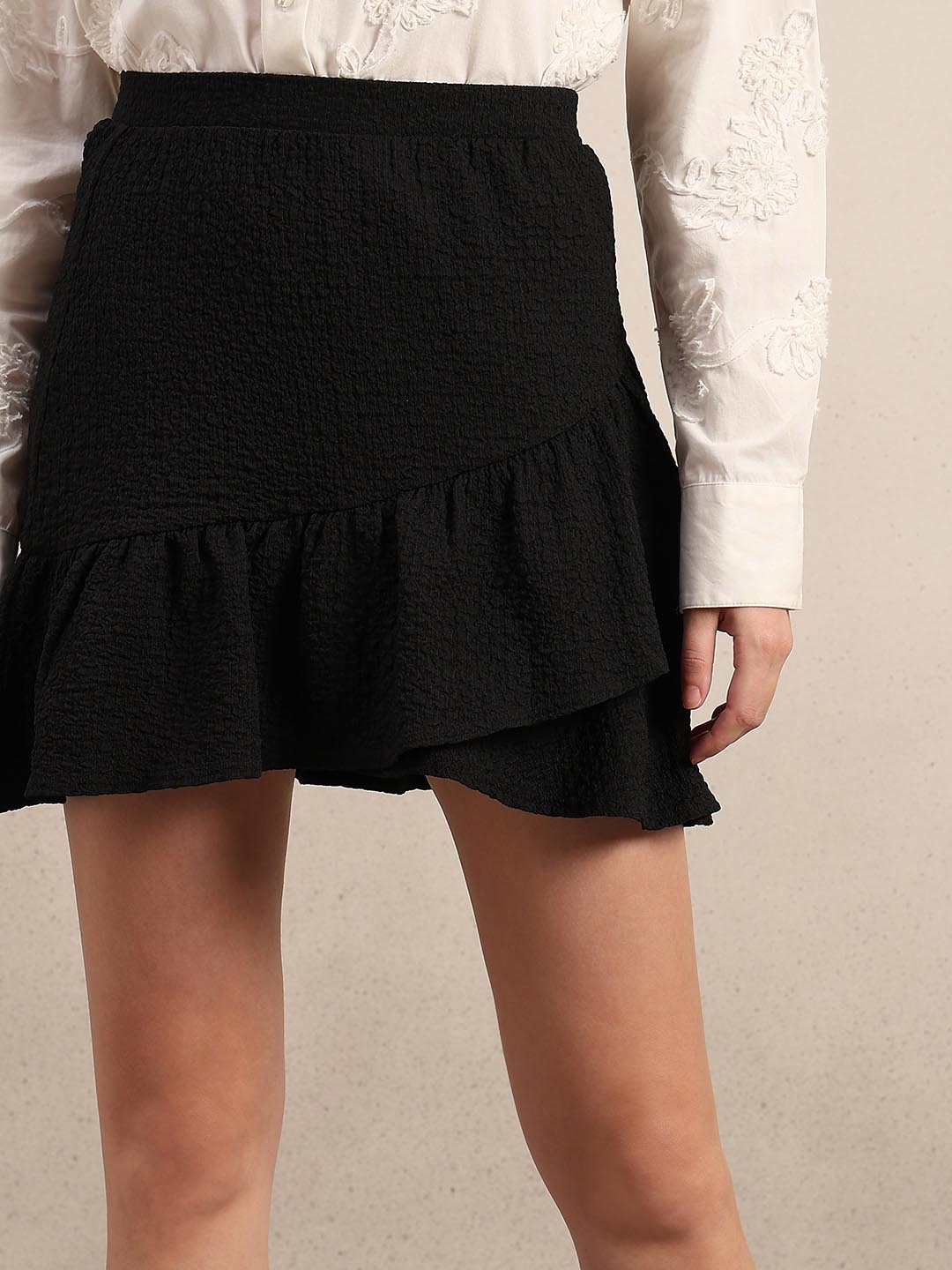 Black Ruffle Detail Mini Skirt