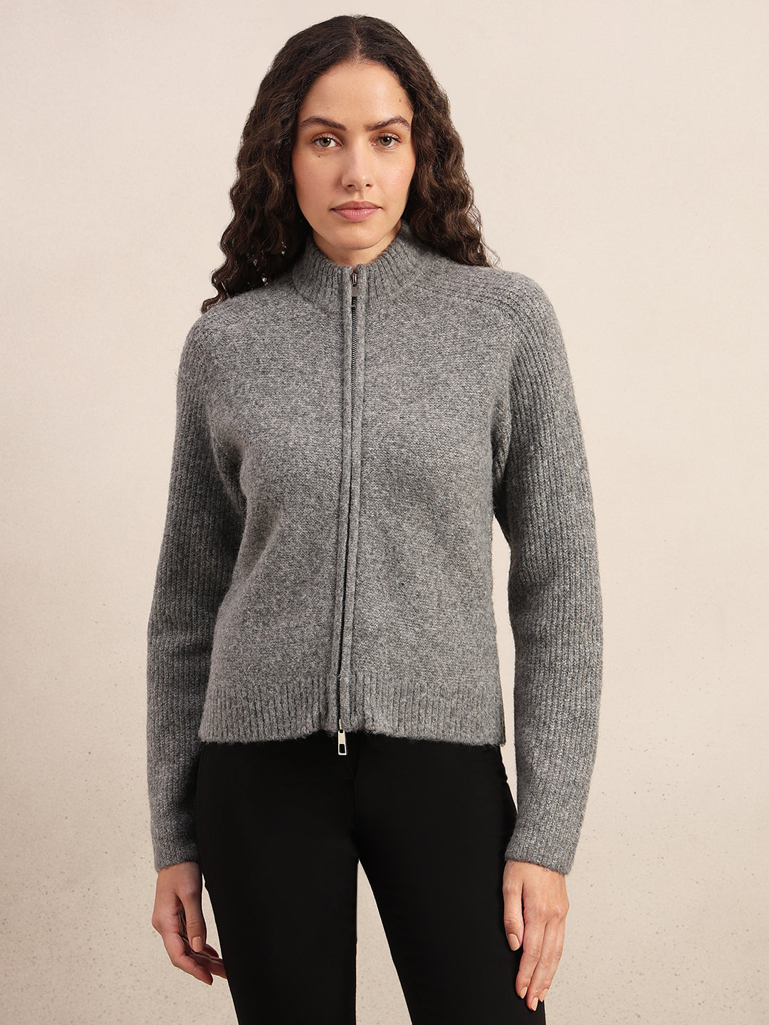 High Neck Zip Cardigan - Grey