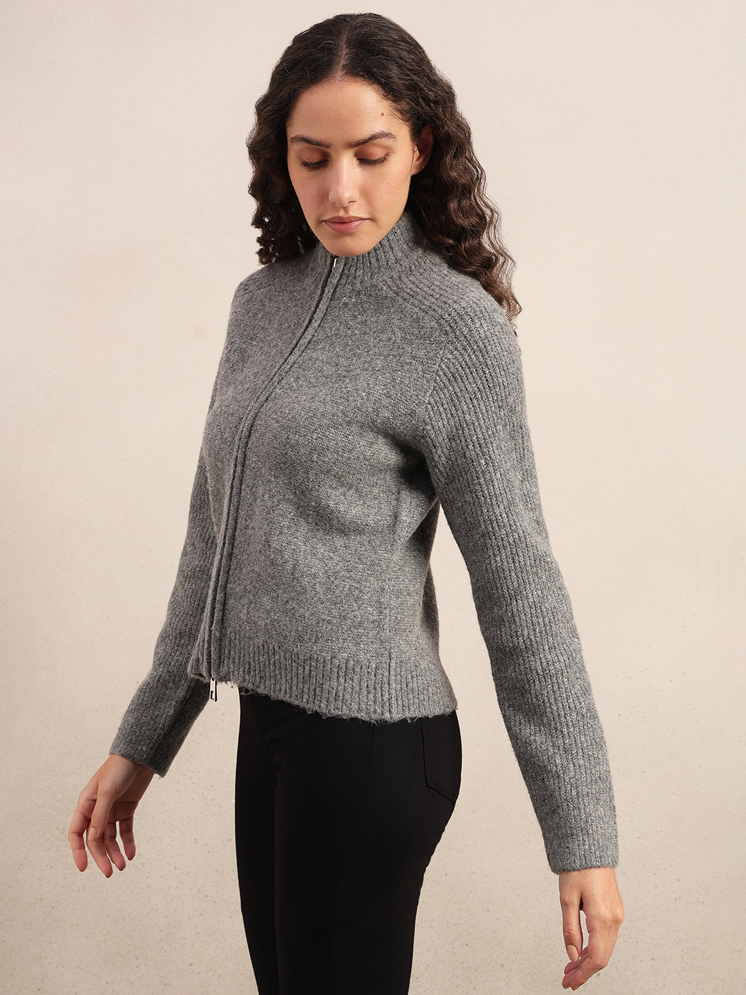 High Neck Zip Cardigan - Grey