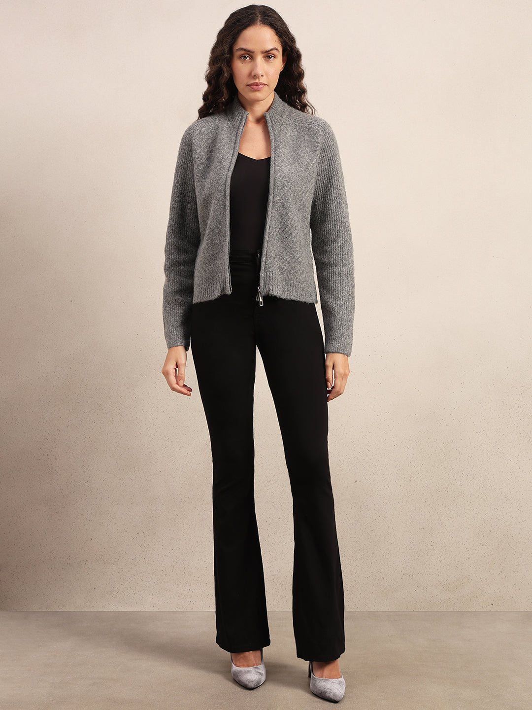 High Neck Zip Cardigan - Grey