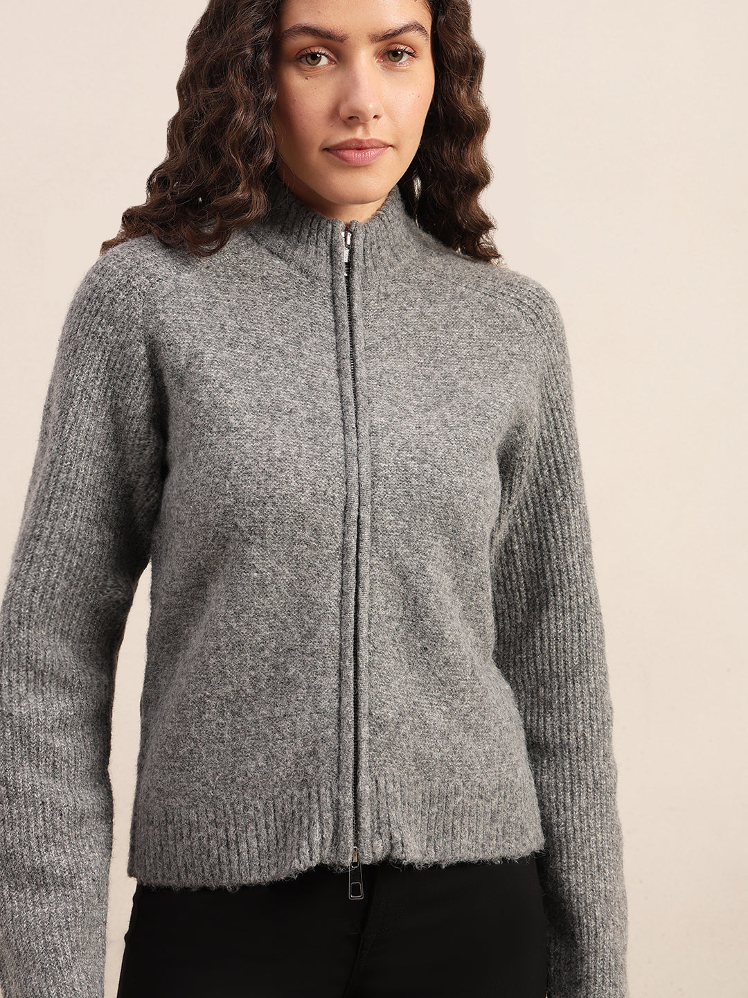 High Neck Zip Cardigan - Grey